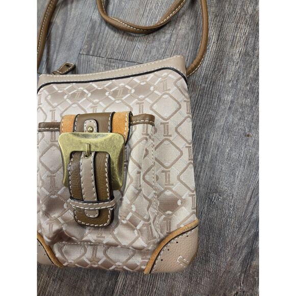 Tignanello Signature Cross Body Bag Beige Tan Gold Canvas Leather Buckle Pocket - Picture 3 of 7